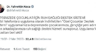 Bakan Koca: Depremzede çocuklara ruh sağlığı destek hizmeti sunuyoruz