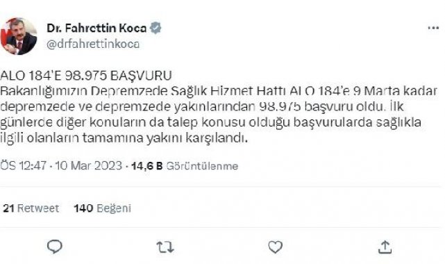 Bakan Koca: Depremzede sağlık hattına 98 bin 975 başvuru oldu