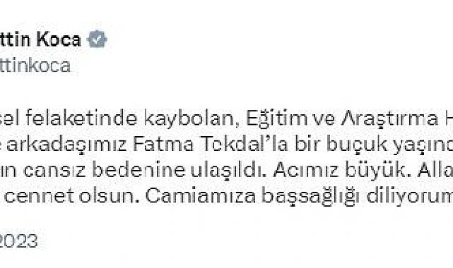 Bakan Koca: Hemşire arkadaşımız Fatma Tekdal'la kızı Zeynep Zümra'nın cansız bedenine ulaşıldı
