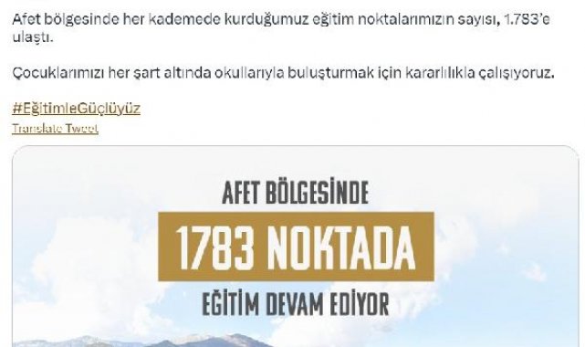 Bakan Özer: Afet bölgesinde eğitim noktalarımızın sayısı 1783'e ulaştı