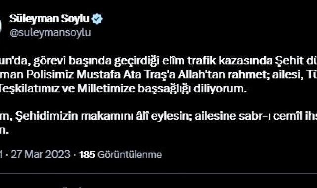 Bakan Soylu'dan Samsun'da kazada şehit olan polis memuru için başsağlığı mesajı