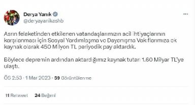 Bakan Yanık: Deprem bölgesine aktarılan kaynak 1,60 milyar TL'ye ulaştı