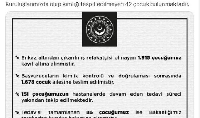 Bakanlık: Enkazdan çıkarılan 1678 çocuk ailesine teslim edildi
