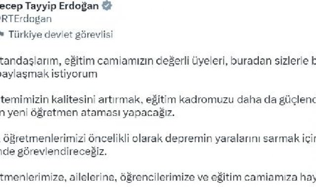 Cumhurbaşkanı Erdoğan: 45 bin yeni öğretmen ataması yapacağız
