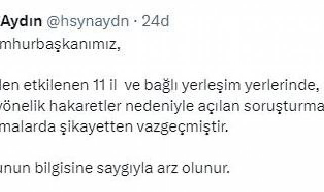 Cumhurbaşkanı Erdoğan, deprem bölgesindeki hakaret soruşturmalarında şikayetinden vazgeçti