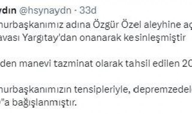 Erdoğan, CHP'li Özel'den kazandığı tazminatı AFAD'a bağışladı