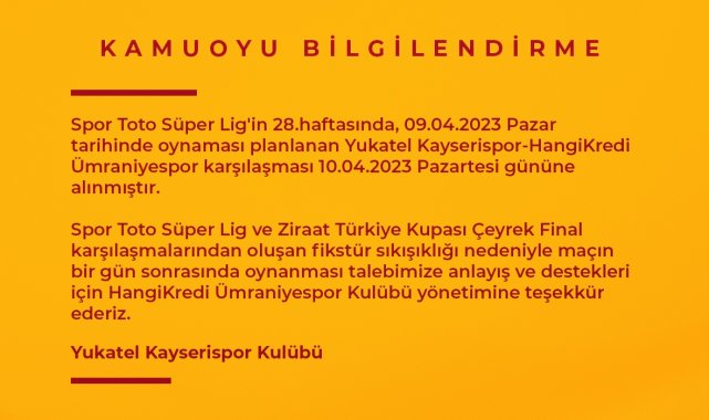 Kayserispor - Ümraniyespor maçı Pazartesi'ne alındı