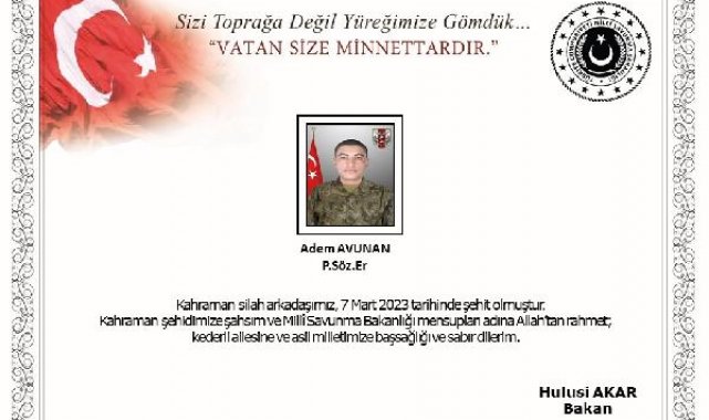 MSB: Silah kazası sonucu 1 asker şehit oldu