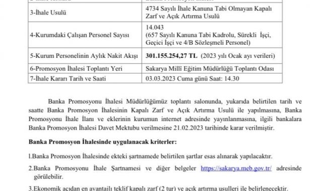 Sakarya İl Milli Eğitim, 14 bin personeli için banka promosyonu ihalesine çıkıyor