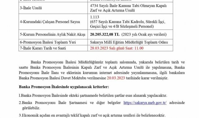 Sakarya İl Milli Eğitim, bin 113 personeli için banka promosyonu ihalesine çıkıyor