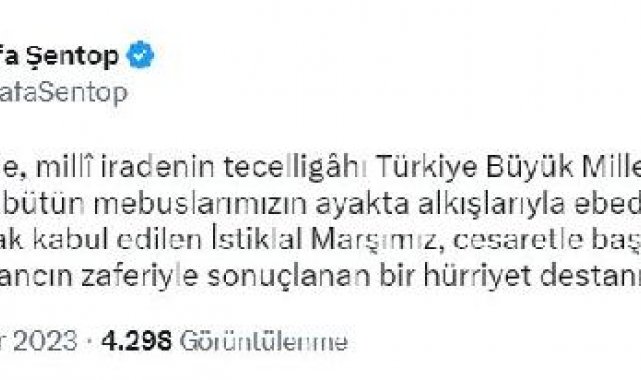TBMM Başkanı Şentop'tan, 'İstiklal Marşı ve Mehmet Akif Ersoy' paylaşımı