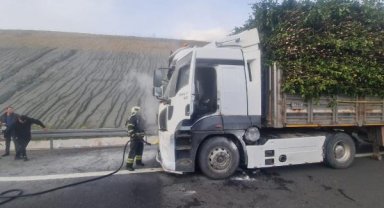 Ağaç yüklü TIR'ın motorunda yangın çıktı