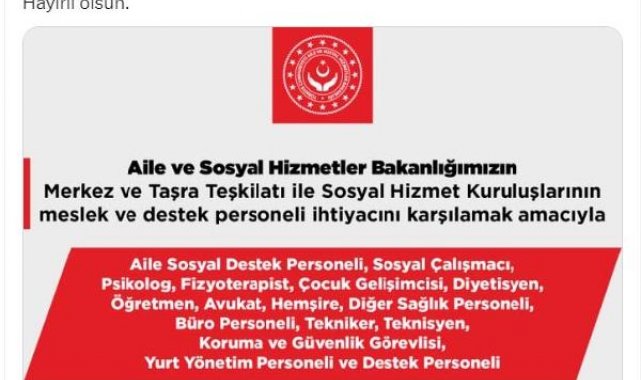 Aile ve Sosyal Hizmetler Bakanlığı'na 2431 personel alınacak