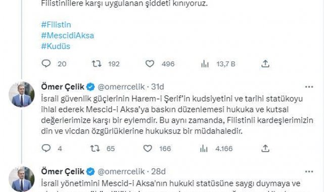 AK Parti'li Çelik: Mescid-i Aksa'ya yapılan saygısızlığı kınıyoruz