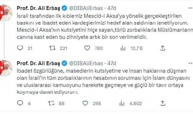 Ali Erbaş: Mescid-i Aksa'ya gerçekleştirilen baskını lanetliyorum
