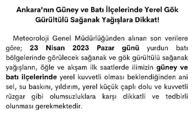 Ankara Valiliği'nden 'sağanak' uyarısı