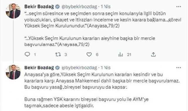 Bakan Bozdağ: YSK kararını AYM'ye taşımak abesle iştigaldir