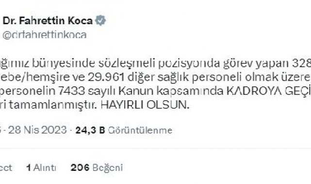 Bakan Koca: Sözleşmeli pozisyondaki 81 bin 108 personel kadroya geçti