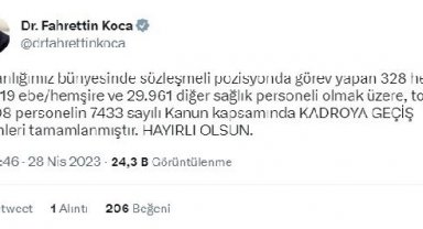 Bakan Koca: Sözleşmeli pozisyondaki 81 bin 108 personel kadroya geçti