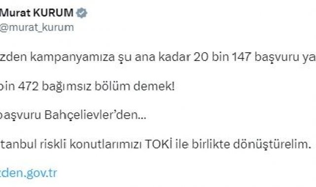 Bakan Kurum: Haydi İstanbul riskli konutlarımızı TOKİ ile birlikte dönüştürelim