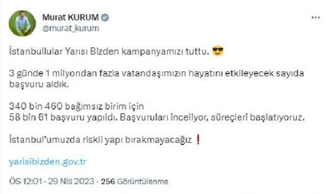 Bakan Kurum: İstanbullular 'Yarısı Bizden' kampanyamızı tuttu