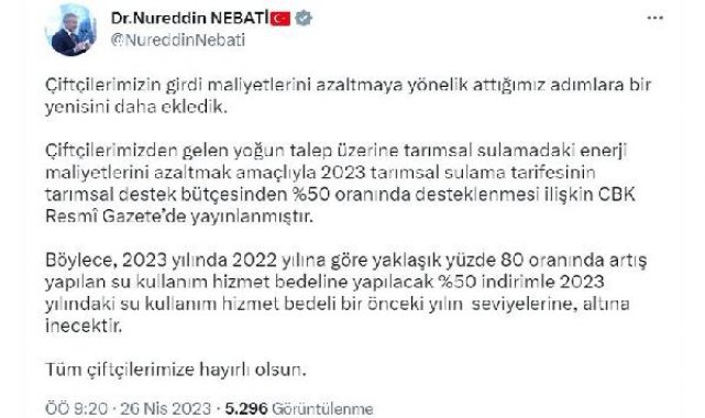 Bakan Nebati: Çiftçilerin su kullanım hizmet bedeli önceki yıl seviyelerine inecek