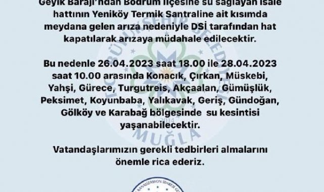 Bodrum'un 15 mahallesinde 2 günlük su kesintisi