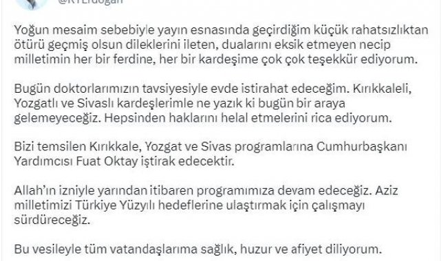 Cumhurbaşkanı Erdğan'ın Kırıkkale, Yozgat ve Sivas programı iptal oldu