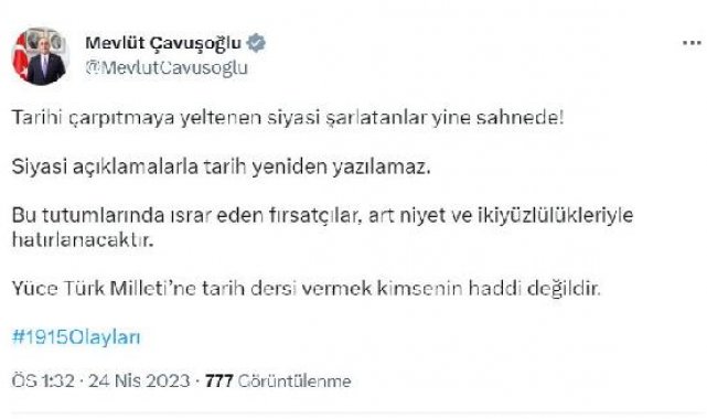 Dışişleri'nden '1915 olayları' tepkisi