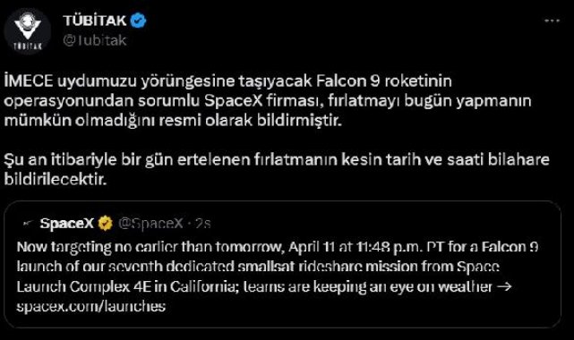 İMECE Yer Gözlem Uydusu'nun fırlatma operasyonu ertelendi