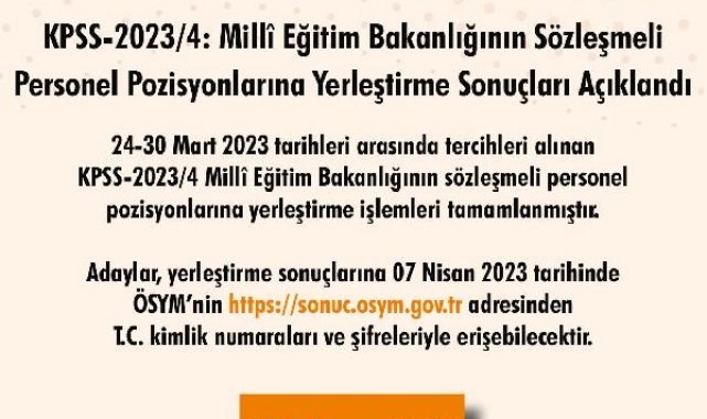 MEB'in 'Sözleşmeli Personel Pozisyonlarına Yerleştirme Sonuçları' açıklandı