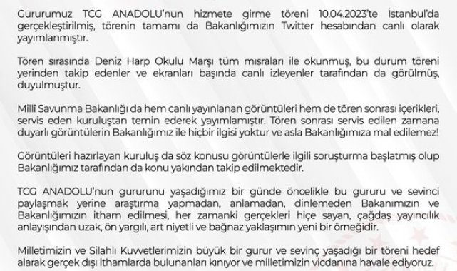 MSB'den TCG Anadolu'nun teslim törenindeki görüntülere ilişkin açıklama