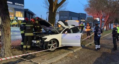 Refüjdeki ağaca çarpan otomobildeki anne öldü, 2 çocuğu ile eşi yaralandı