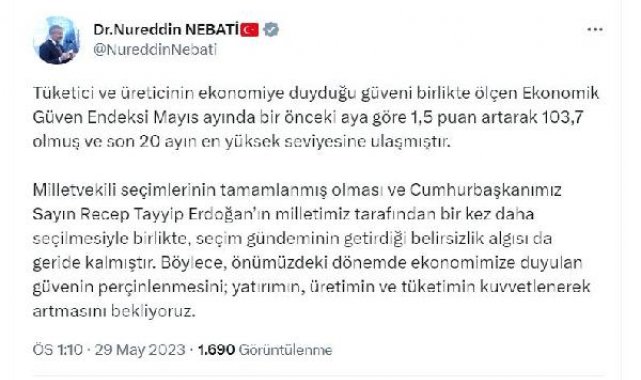 Bakan Nebati: Ekonomik güven endeksi son 20 ayın en yüksek seviyesine ulaştı