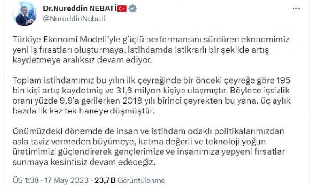 Bakan Nebati: İşsizlik 2018'den bu yana ilk kez tek haneye düştü