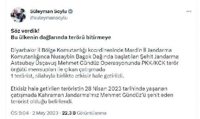 Bakan Soylu: Astsubay Gündüz'ü şehit eden terörist etkisiz hale getirildi