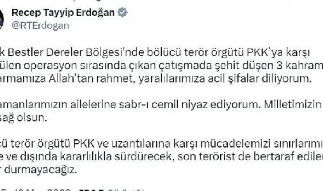 Cumhurbaşkanı Erdoğan'dan 3 şehit için başsağlığı mesajı