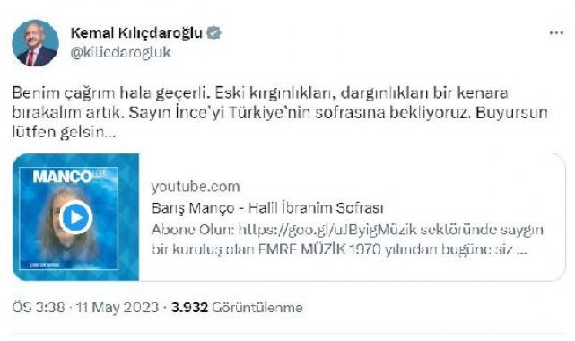 Kılıçdaroğlu: Sayın İnce'yi Türkiye'nin sofrasına bekliyoruz
