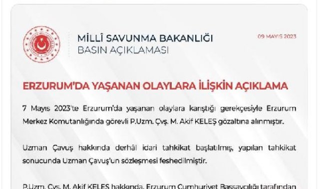 MSB: Erzurum'daki olaylara karışan uzman çavuşun sözleşmesi feshedildi