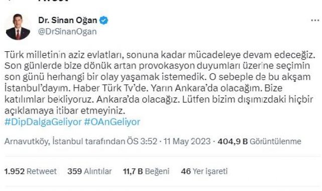 Sinan Oğan, Antalya programını iptal etti