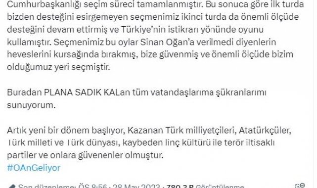 Sinan Oğan: Seçmenimiz bizim olduğumuz yeri seçmiştir