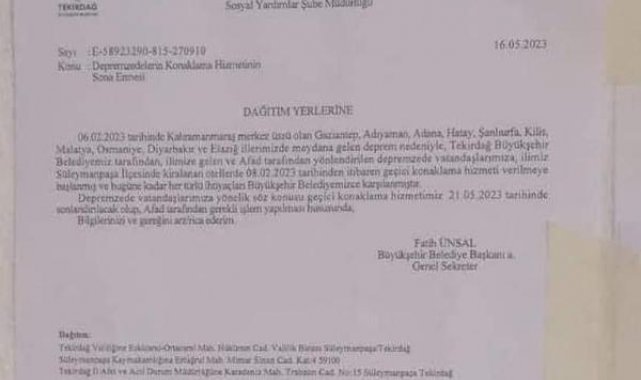 Tekirdağ Büyükşehir Belediyesi, depremzedelere verdiği konaklama hizmetini önce durdurdu, sonra uzattı