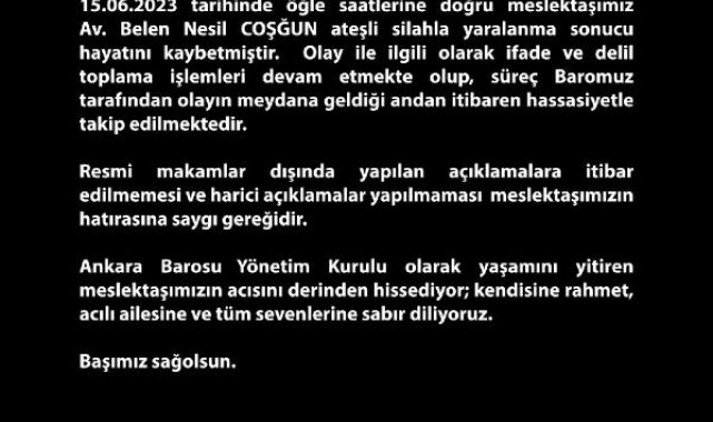 Ankara Barosu: Av. Belen Nesil Coşğun ateşli silahla yaralanma sonucu hayatını kaybetti
