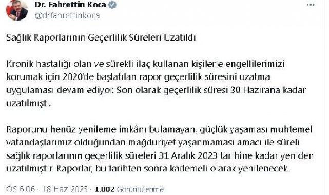Bakan Koca: Süreli sağlık raporlarının süreleri uzatıldı