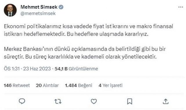 Bakan Şimşek: Fiyat istikrarına giden yol kademeli olacaktır