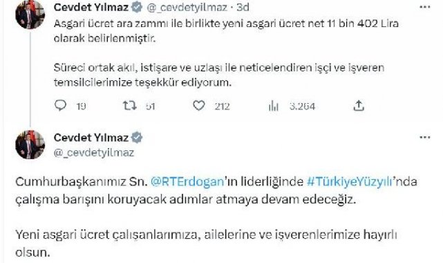 Cumhurbaşkanı Yardımcısı Yılmaz: Yeni asgari ücret hayırlı olsun