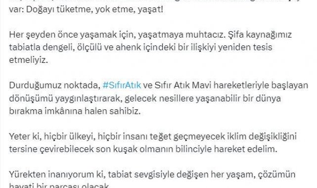 Emine Erdoğan: Yaşanabilir bir dünya bırakma imkanına halen sahibiz