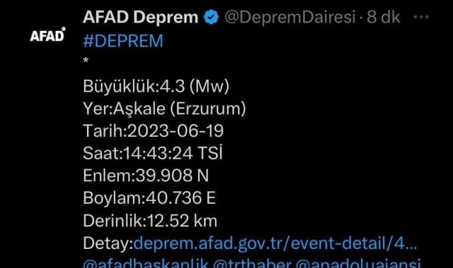Erzurum'da 4,3 büyüklüğünde deprem