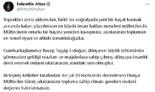 İletişim Başkanı Altun'dan 'Dünya Mülteciler Günü' paylaşımı