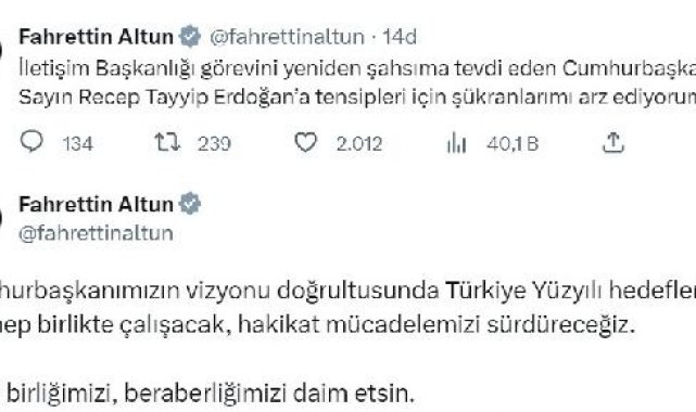 İletişim Başkanlığı'na yeniden atanan Altun'dan teşekkür mesajı